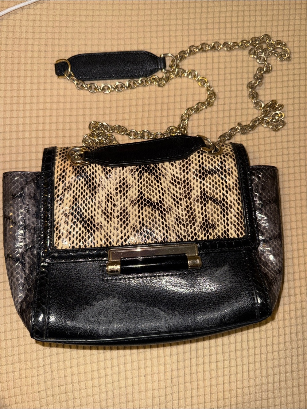 DVF Black and Beige Snake-Print Chain Shoulder Bag